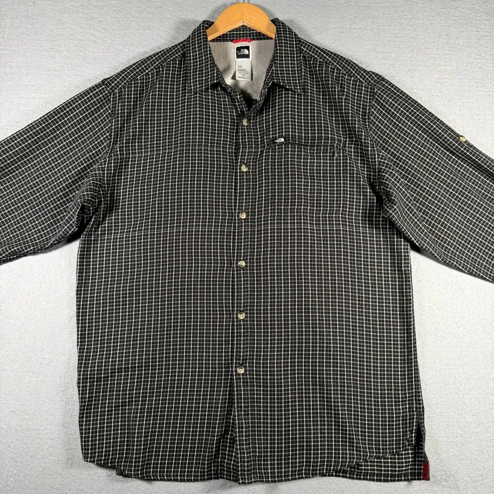 The North Face Mens Large Black White Grid Check Long Sleeve Button Down Shirt